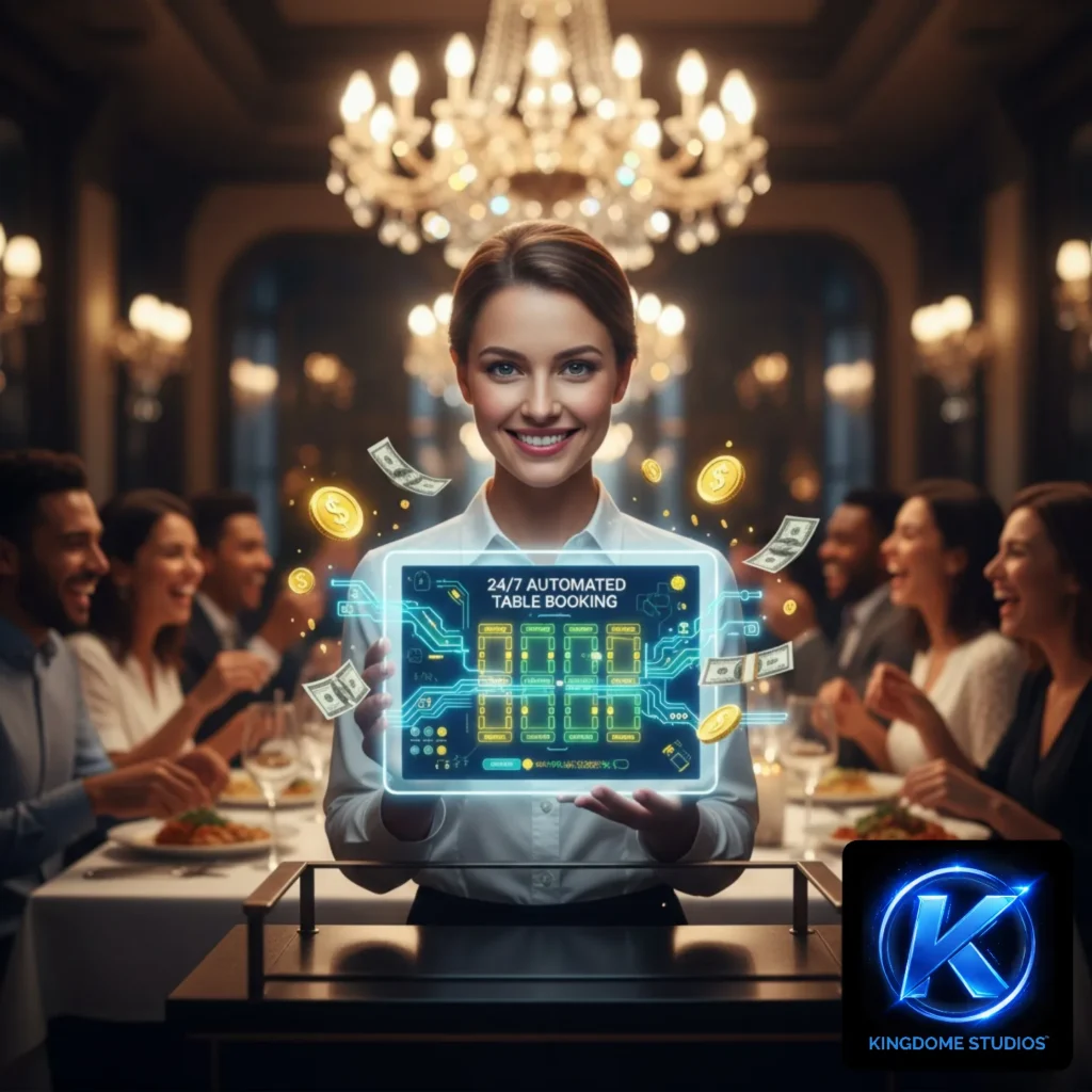 A smiling hostess in Langley BC holds a digital seating map for 24_7 automated bookings, a feature from the Best Restaurant Website Design Company in Langley BC that ensures a full dining room