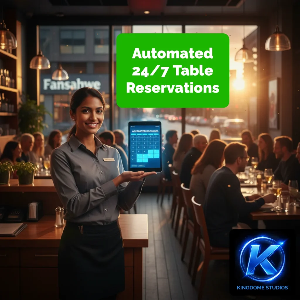 A smiling hostess in a London restaurant holds a tablet for automated reservations with a city street view behind her, from the Best Restaurant Website Design Company in London Ontario