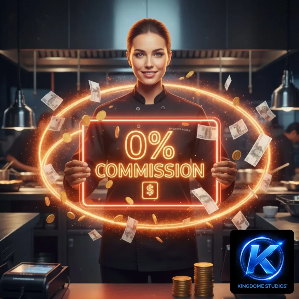 A smiling restaurant owner showcasing a 0 commission online ordering system, a profitable solution from the Best Restaurant Website Design Company in Pickering Ontario
