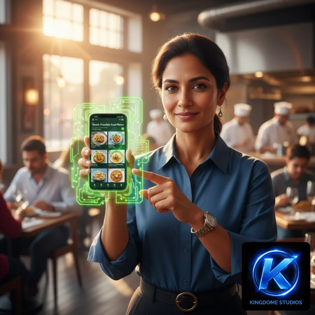 A woman in a sunlit restaurant updates a colorful digital food menu on her smartphone. Designed by the Best Restaurant Website Design Company in Markham Ontario. Vibrant and high-tech