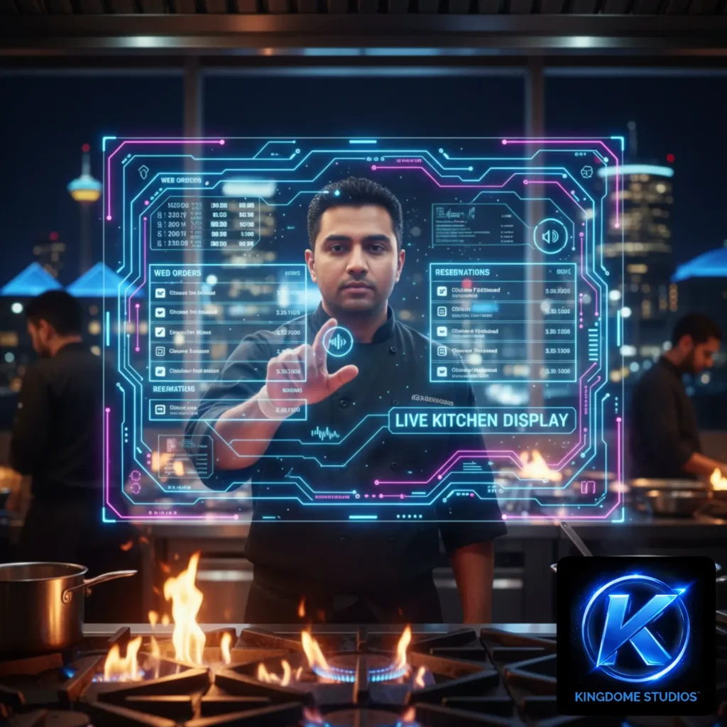 An Edmonton chef interacts with a vibrant live kitchen display to manage orders a streamlined system provided by the Best Restaurant Website Design Company in Edmonton Alberta