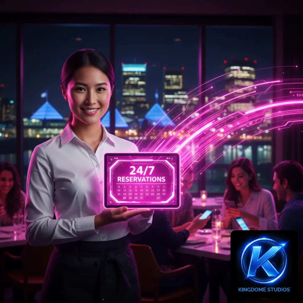 An Edmonton restaurant hostess manages a pink 24_7 reservation tablet overlooking the city skyline a tool provided by the Best Restaurant Website Design Company in Edmonton Alberta