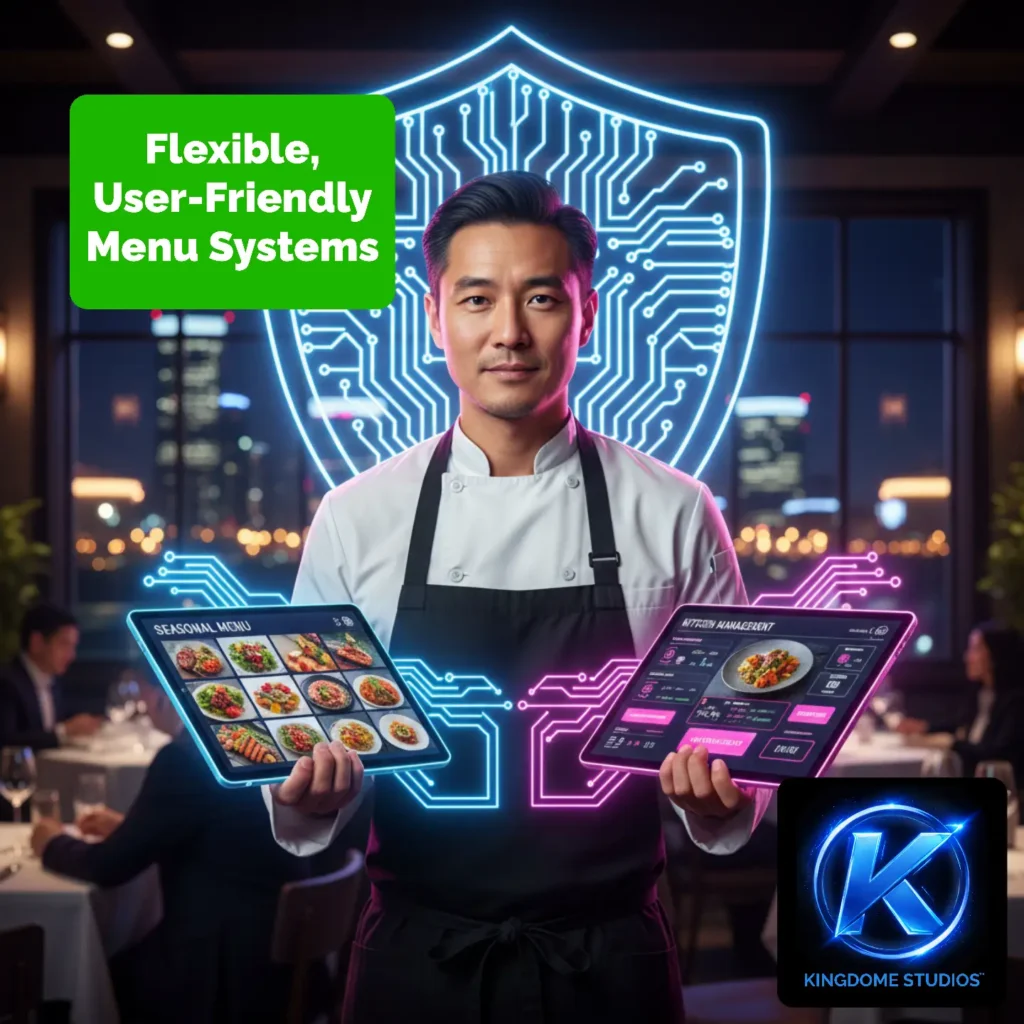 An Edmonton restaurant owner holds two tablets showcasing a smart, flexible digital menu system, a feature from the Best Restaurant Website Design Company in Edmonton Alberta
