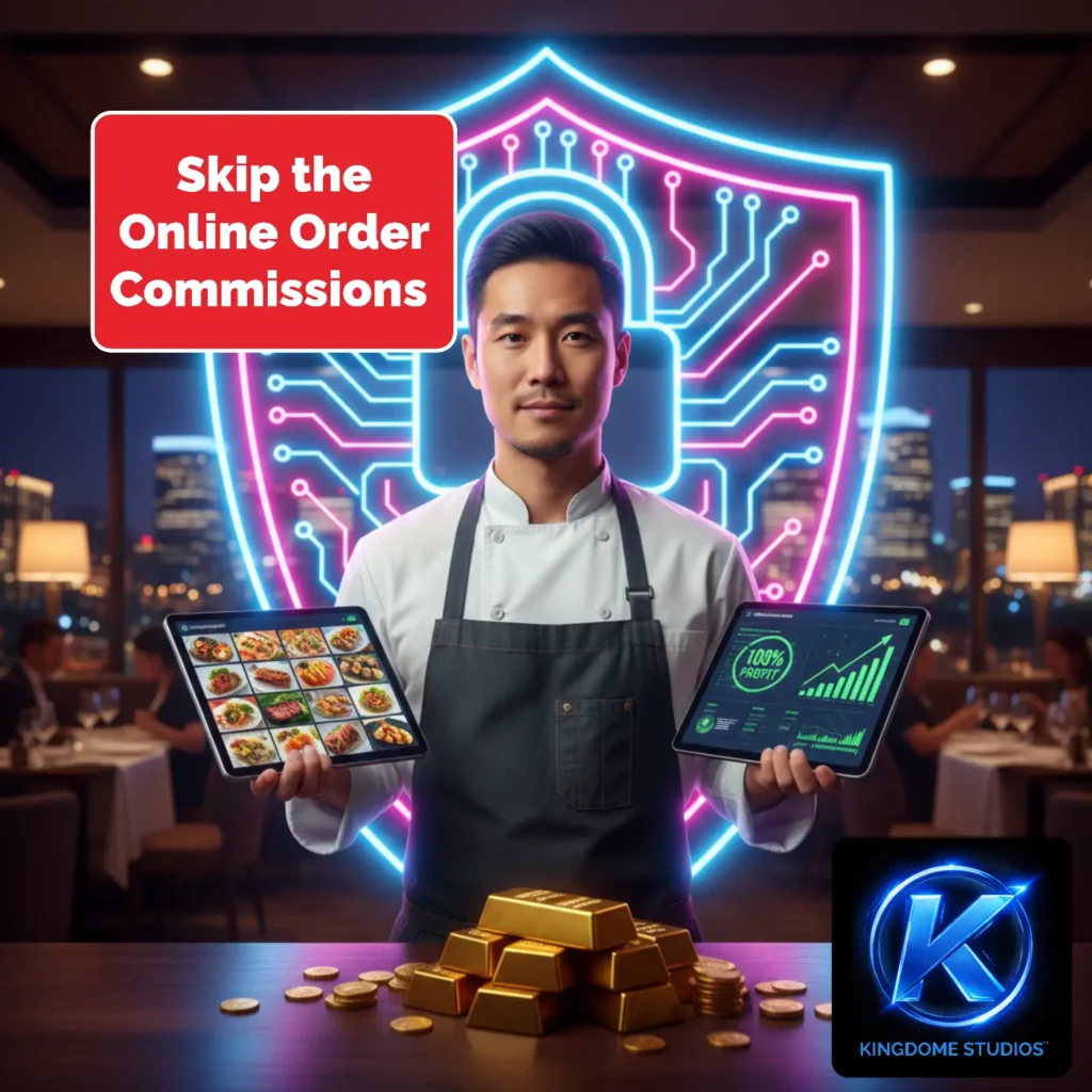 An Edmonton restaurant owner smiles in front of a glowing profit shield and city skyline using the Best Restaurant Website Design Company in Edmonton Alberta to secure commission free sales