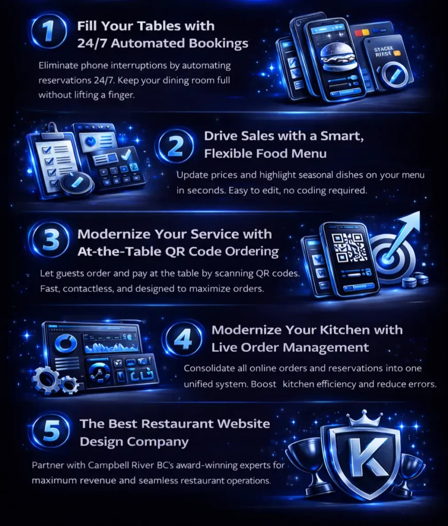 Black and blue infographic showing commission free ordering, 24_7 reservations, menus, QR ordering, and kitchen dashboards by the Best Restaurant Website Design Company in Campbell River BC
