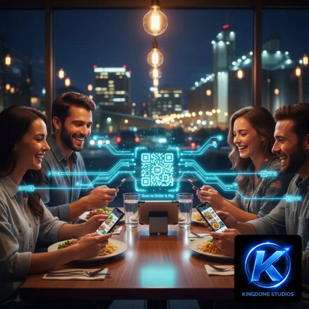 Brandon diners use smartphones to scan a glowing at-the-table QR code for easy ordering, a modern solution from the Best Restaurant Website Design Company in Brandon Manitoba