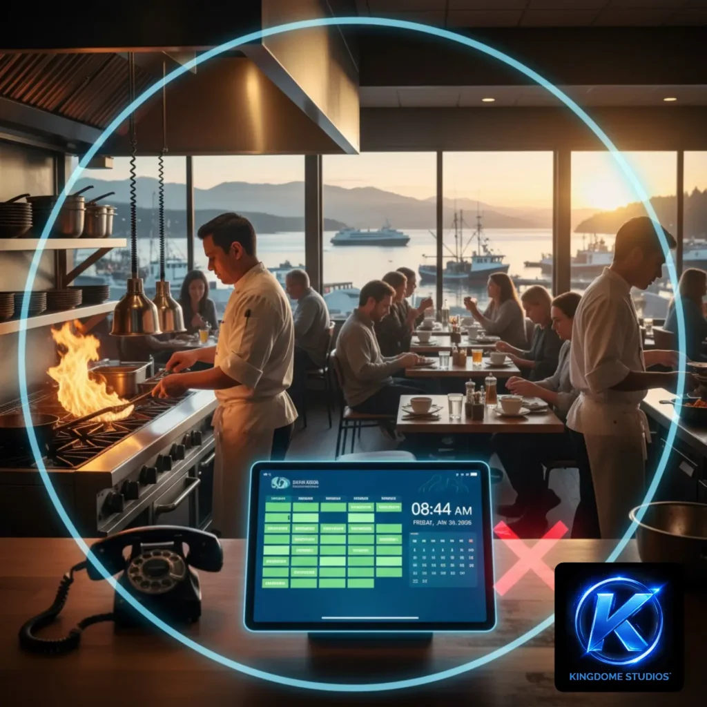 Busy Campbell River kitchen with automated 24_7 bookings on a tablet managed by the Best Restaurant Website Design Company in Campbell River BC to fill tables and reduce phone disruptions