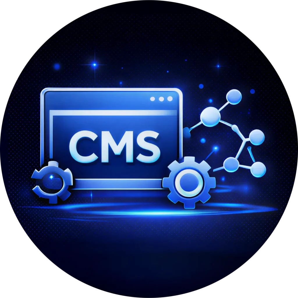 Circular blue icon for Content Management System CMS showing a monitor with CMS text and gears to represent Kingdome Studios elite website management and technical development