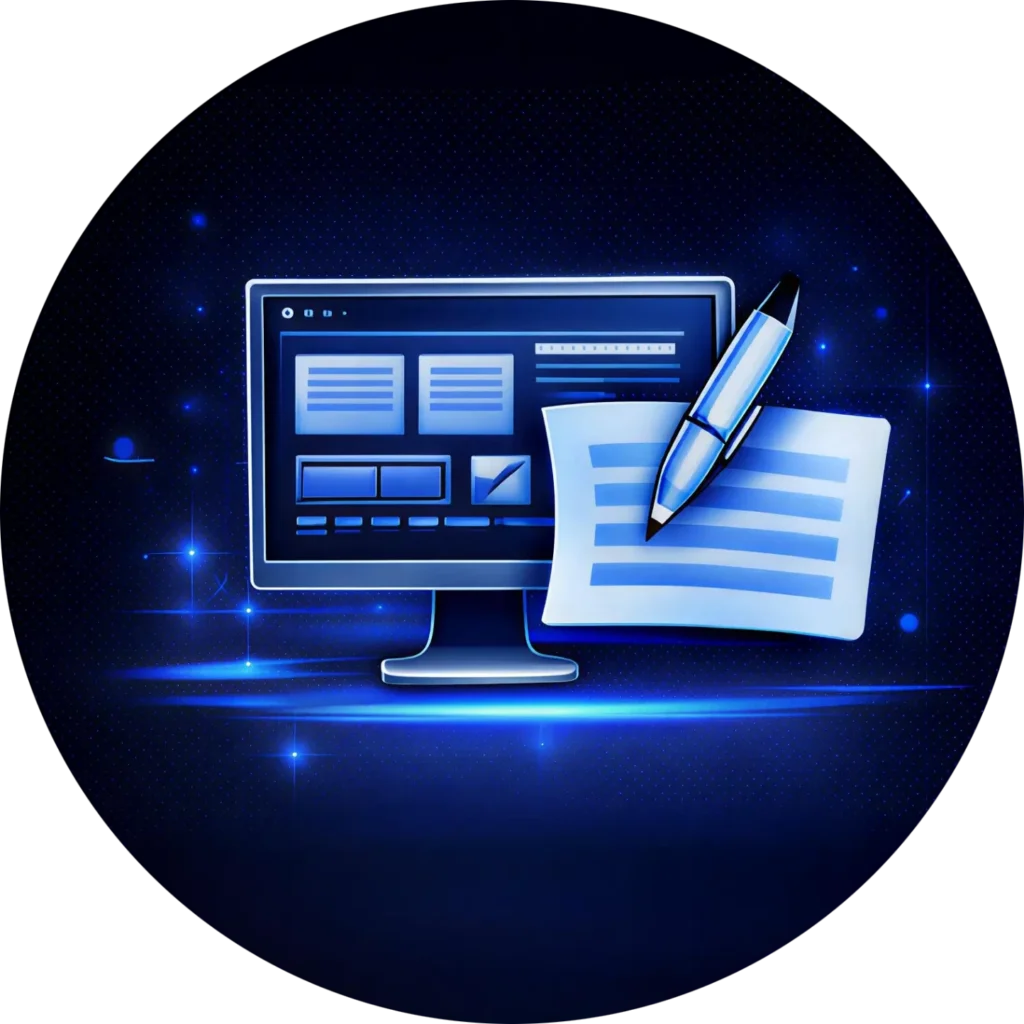 Circular blue icon for Content Writing & Graphic Design, showing a monitor, document, and pen to represent Kingdome Studios elite content writing and professional graphic design