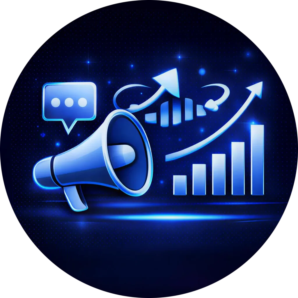 Circular blue icon for Digital Marketing Services showing a megaphone and rising growth charts to represent Kingdome Studios elite strategy for high performance website results