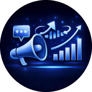 Circular blue icon for Digital Marketing Services showing a megaphone and rising growth charts to represent Kingdome Studios elite strategy for high performance website results