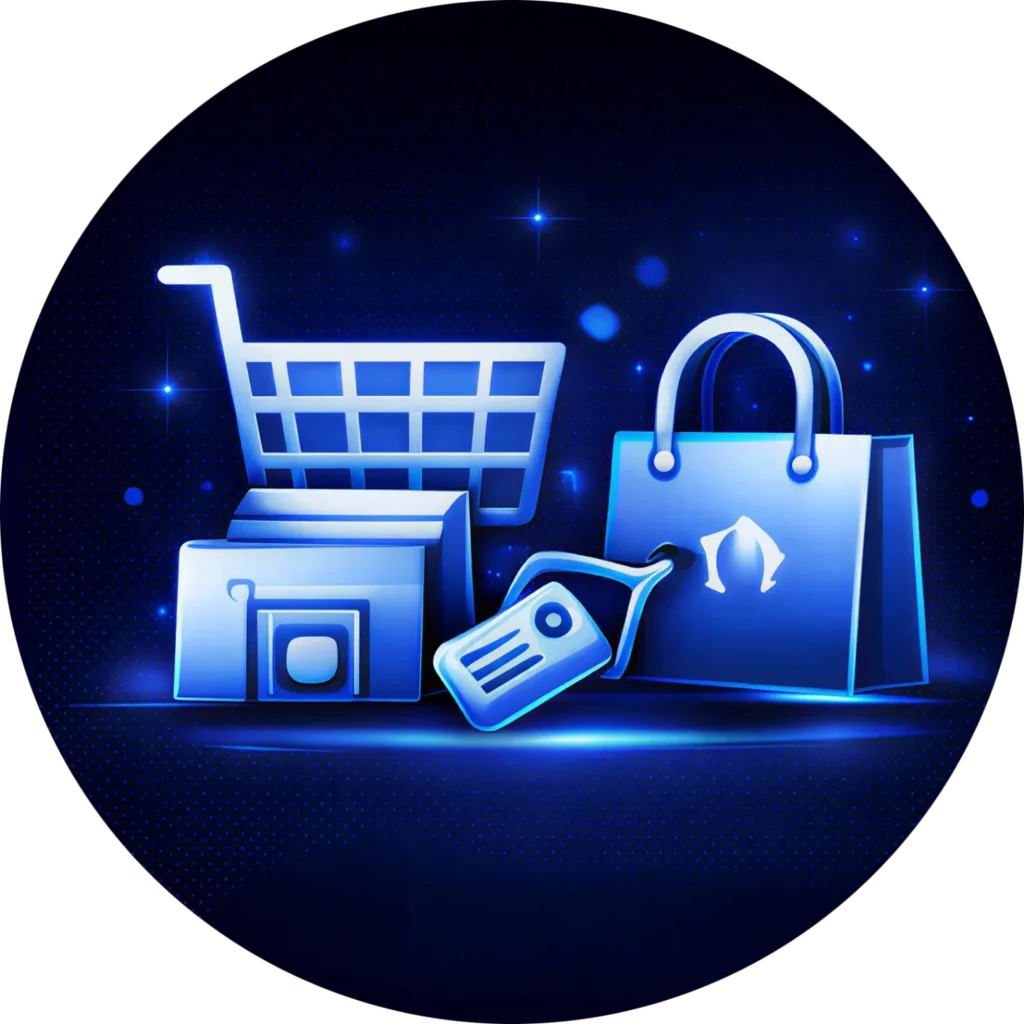 Circular blue icon for E-Commerce Store Service, featuring a shopping cart and bags to represent Kingdome Studios high-converting retail solutions and elite online store development
