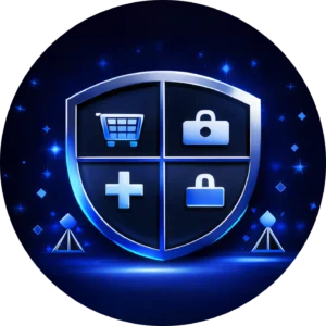 Circular blue icon for Kingdome Studios featuring a glowing shield and industry symbols to represent our specialized sector expertise for Website Design and Website Redesign projects