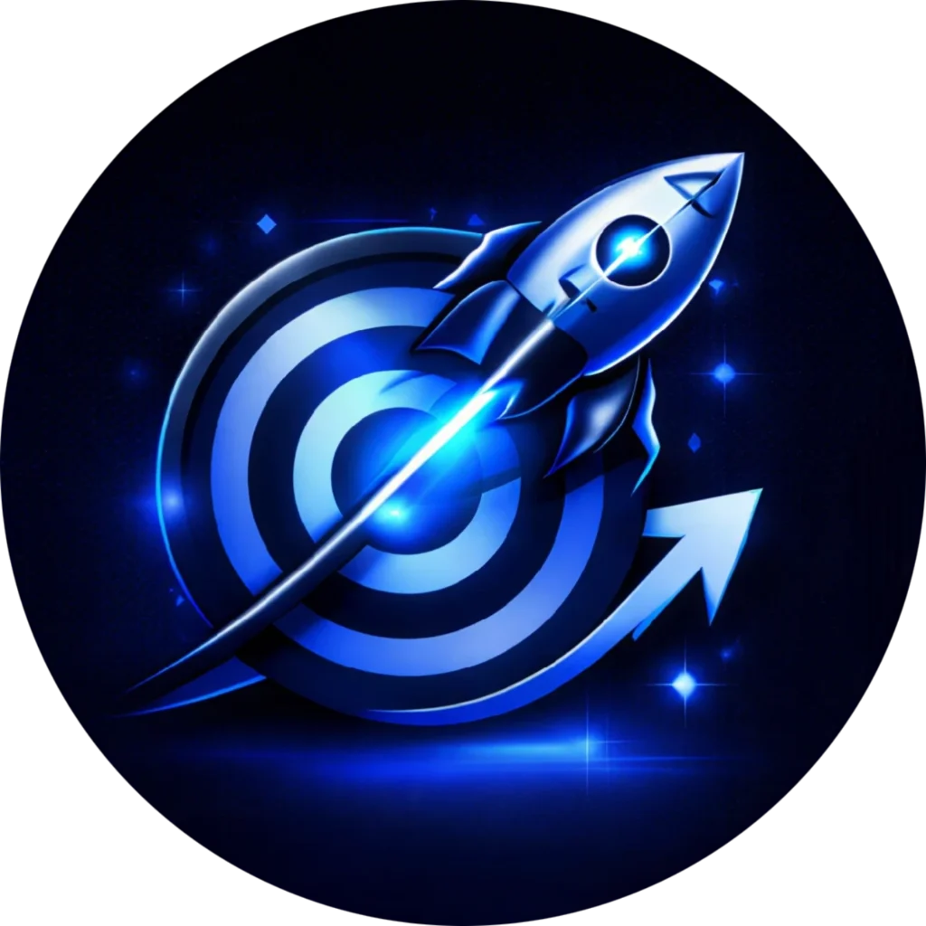 Circular blue icon for Kingdome Studios featuring a target and a rocket to represent professional web design success results you can expect and elite business growth solutions