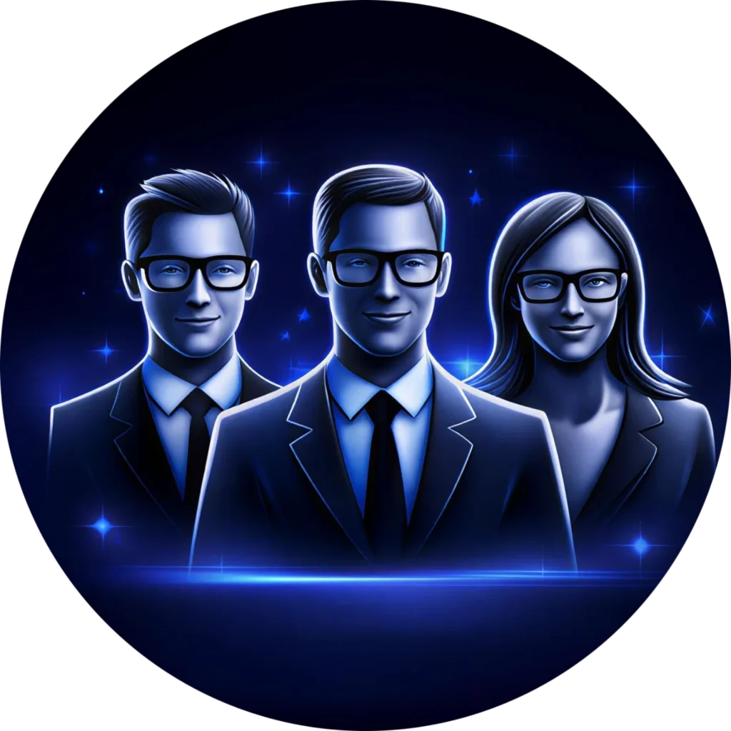 Circular blue icon for Kingdome Studios featuring a trio of business experts to represent Who Kingdome Studios Web Design Agency Works With and our diverse professional client base