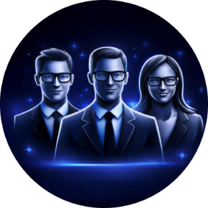 Circular blue icon for Kingdome Studios featuring a trio of business experts to represent Who Kingdome Studios Web Design Agency Works With and our diverse professional client base