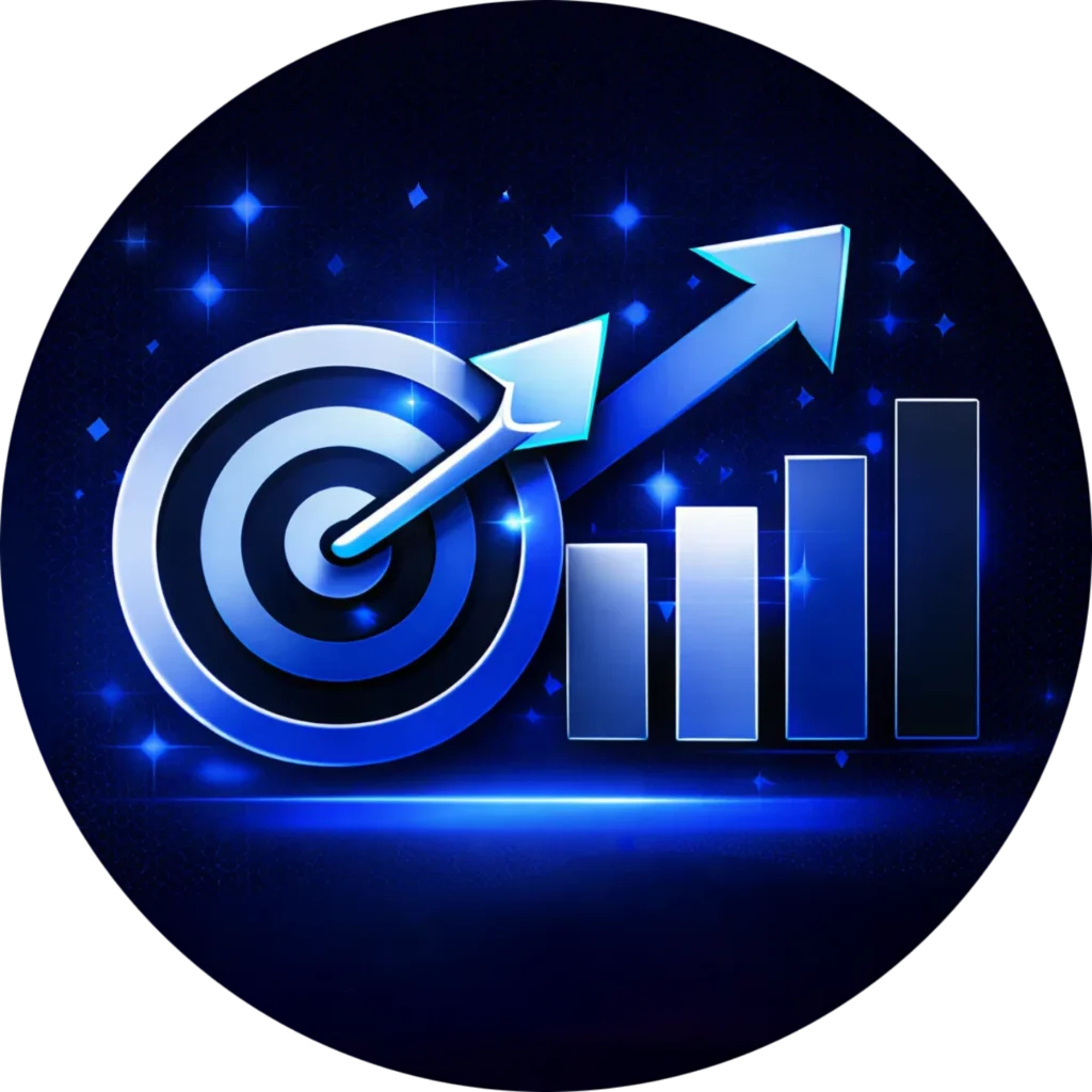 Circular blue icon for Kingdome Studios showing a bullseye and rising growth chart to represent Our Proven Web Design Process and results-driven strategy