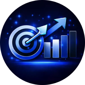 Circular blue icon for Kingdome Studios showing a bullseye and rising growth chart to represent Our Proven Web Design Process and results-driven strategy