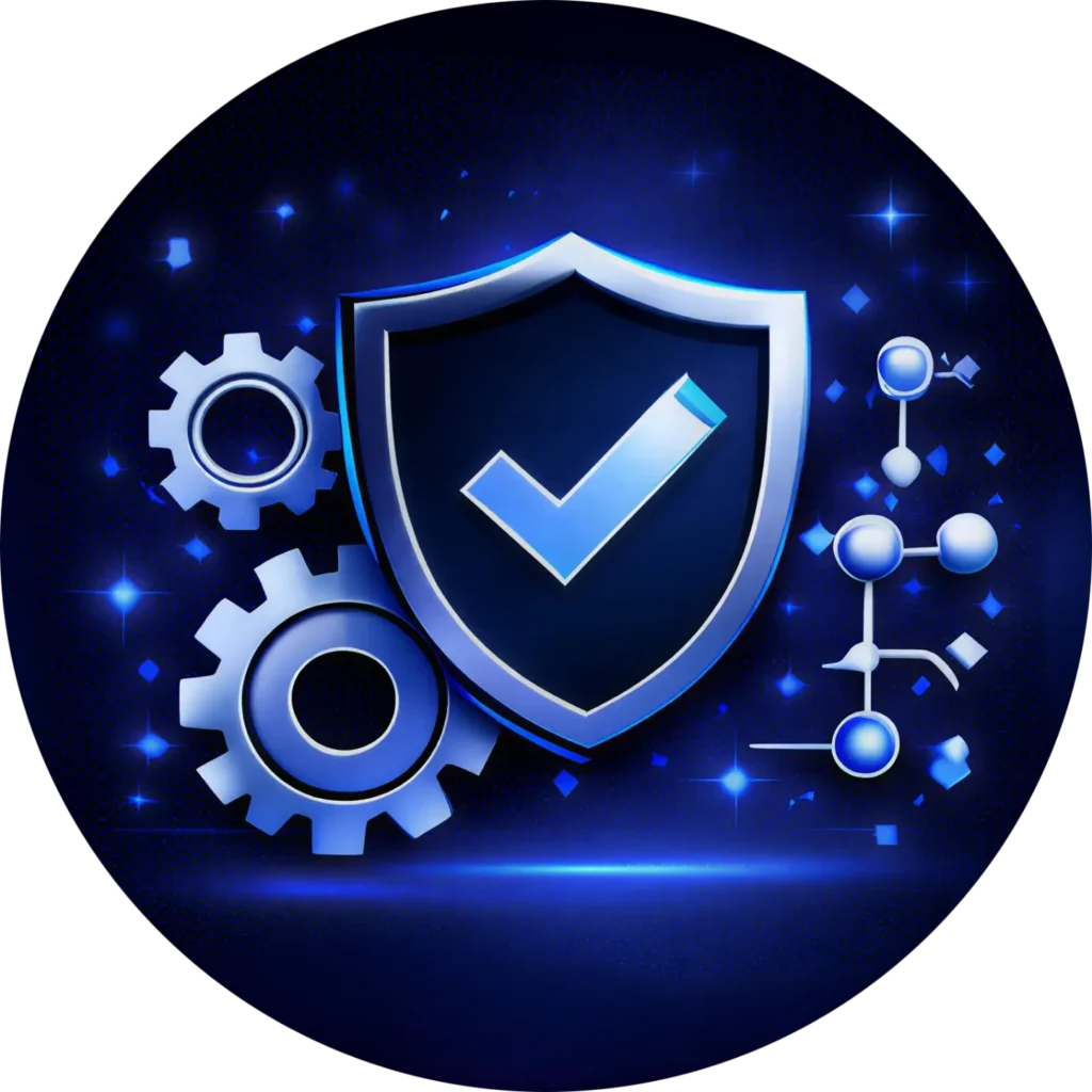 Circular blue icon for Kingdome Studios showing a shield, gears, and data nodes to represent Full-Service Web Design Agency is What Makes Us Different and secure foundations