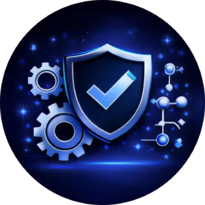 Circular blue icon for Kingdome Studios showing a shield, gears, and data nodes to represent Full-Service Web Design Agency is What Makes Us Different and secure foundations