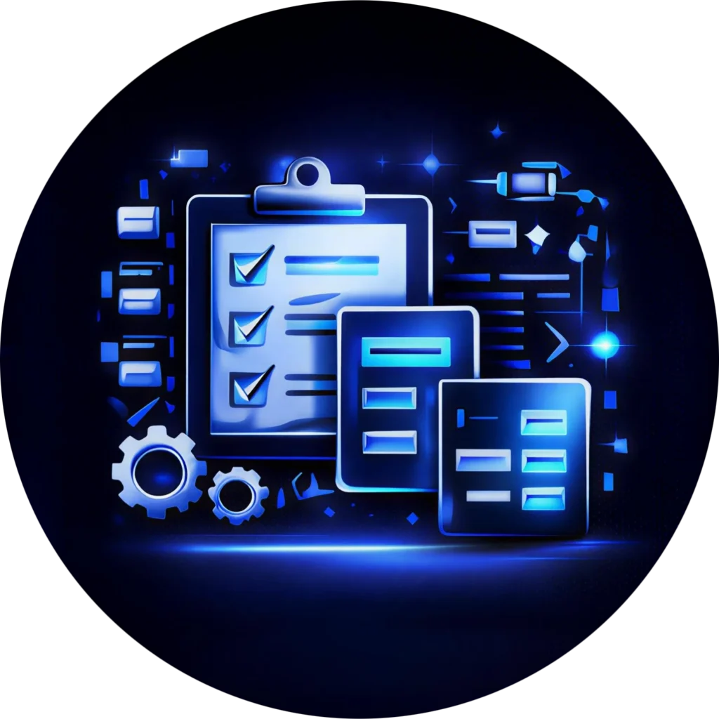 Circular blue icon for Kingdome Studios showing glowing clipboards and gears to represent Our Web Design Mission and Philosophy and the rigorous technical process of every project