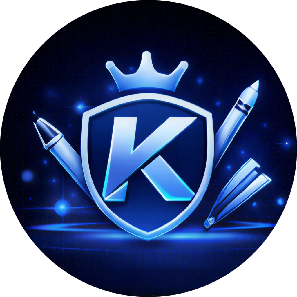 Circular blue icon for branding and logo design, featuring a K, shield, crown, and drawing tools to represent Kingdome Studios elite brand identity and professional creative service