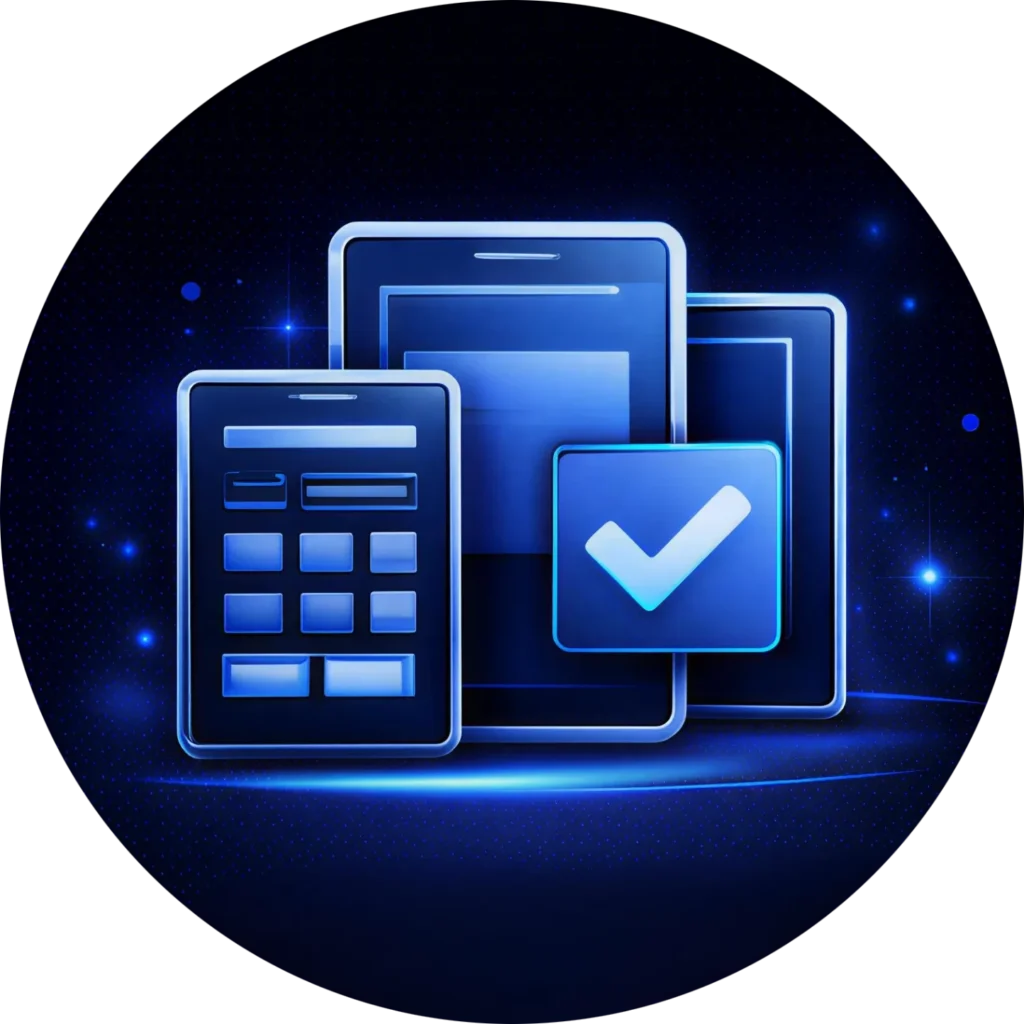 Circular blue icon for mobile-first design, featuring high-tech mobile devices and a checkmark to represent Kingdome Studios responsive mobile-first solutions and expert web design