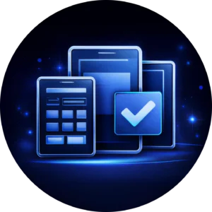 Circular blue icon for mobile-first design, featuring high-tech mobile devices and a checkmark to represent Kingdome Studios responsive mobile-first solutions and expert web design