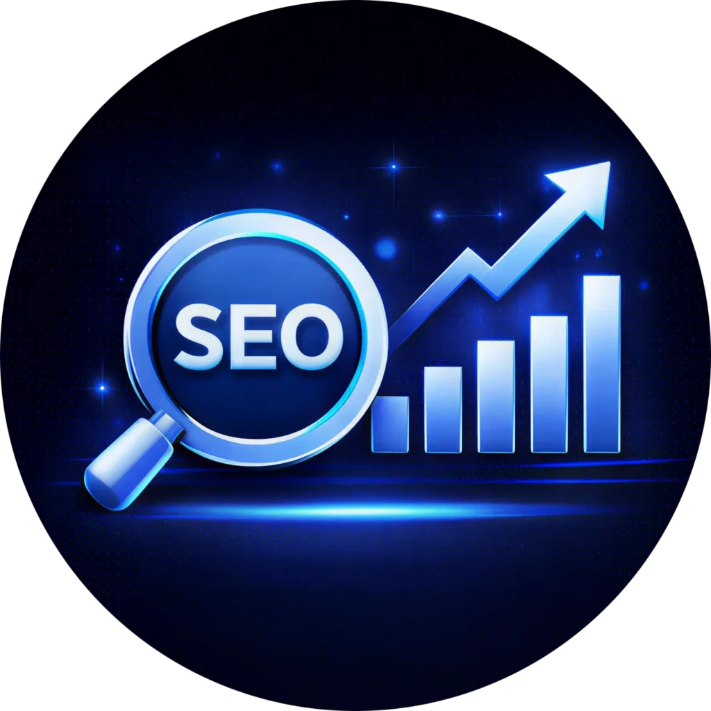 Circular blue icon for seo services, showing a magnifying glass over a bar graph with a rising arrow to represent Kingdome Studios expert search engine optimization and growth