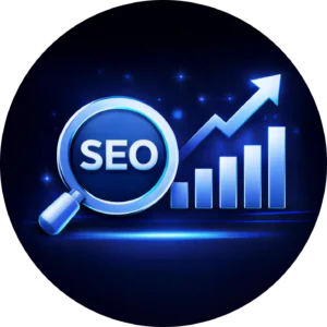 Circular blue icon for seo services, showing a magnifying glass over a bar graph with a rising arrow to represent Kingdome Studios expert search engine optimization and growth