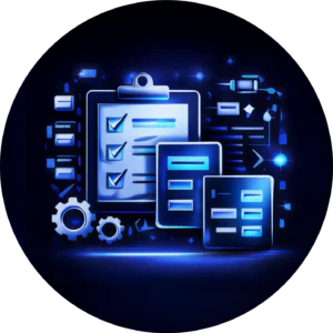 Circular blue icon for web design abbotsford, clipboard and gear icons to represent Kingdome Studios Our Web Design Abbotsford Mission and Philosophy