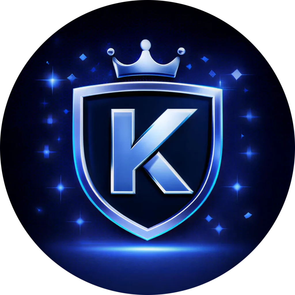 Circular blue icon for web design abbotsford featuring a K shield and crown to represent Why Businesses Choose Kingdome Studios Web Design Agency