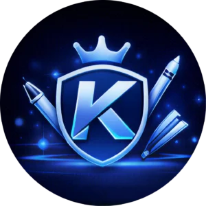 Circular blue icon for web design abbotsford, showing a glowing shield and digital pens to represent Kingdome Studios branding and logo design service