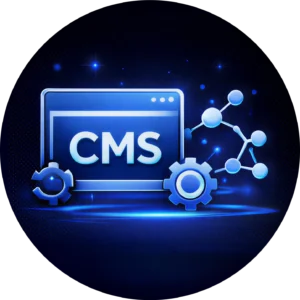 Circular blue icon for web design abbotsford, showing a monitor with CMS text and a gear icon to represent Kingdome Studios content management system (cms)
