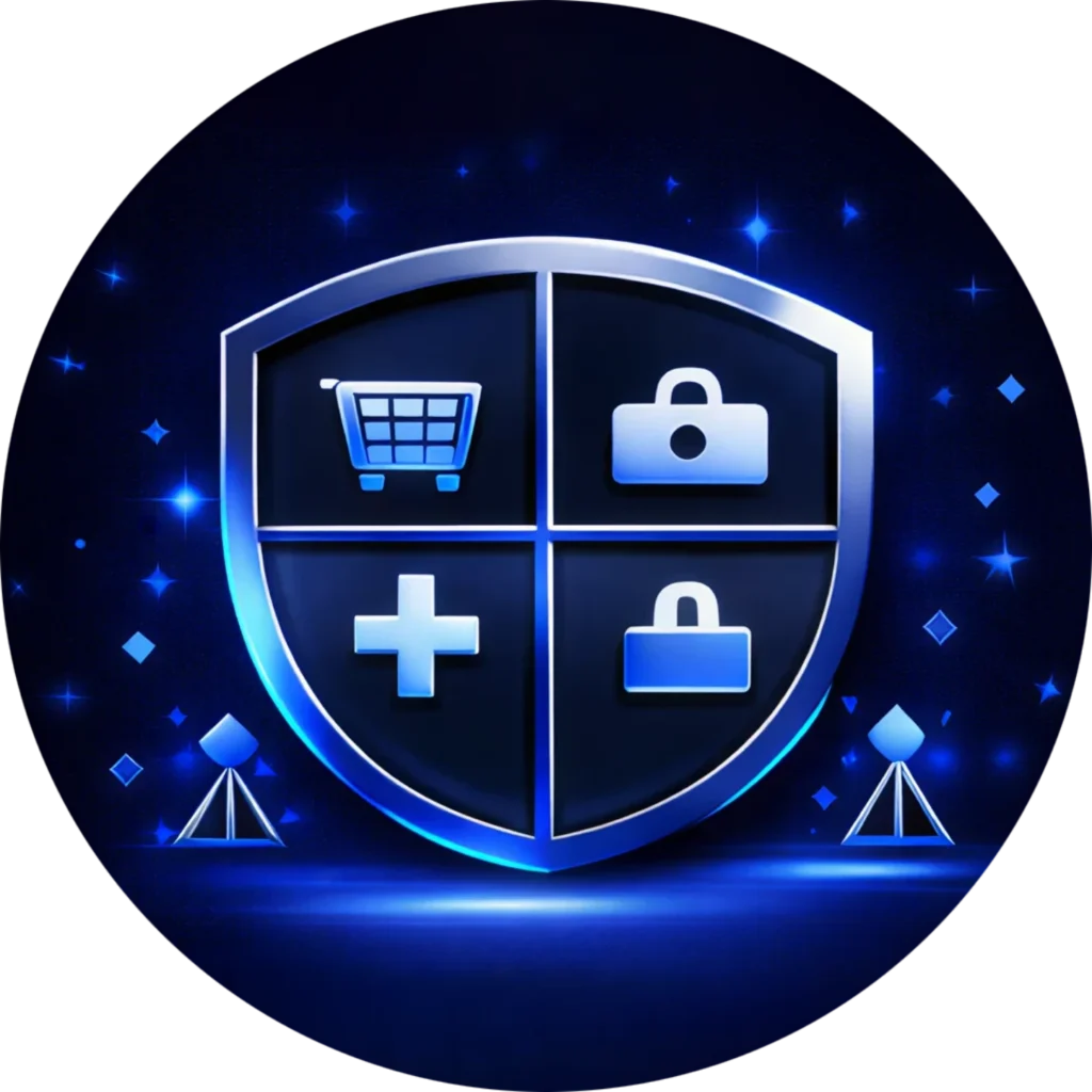Circular blue icon for web design abbotsford, showing a shield with e-commerce, lock, and medical symbols for Kingdome Studios Industries We Serve