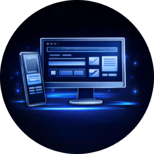 Circular blue icon for website design and development, showing a monitor and phone to represent Kingdome Studios expert website design and development