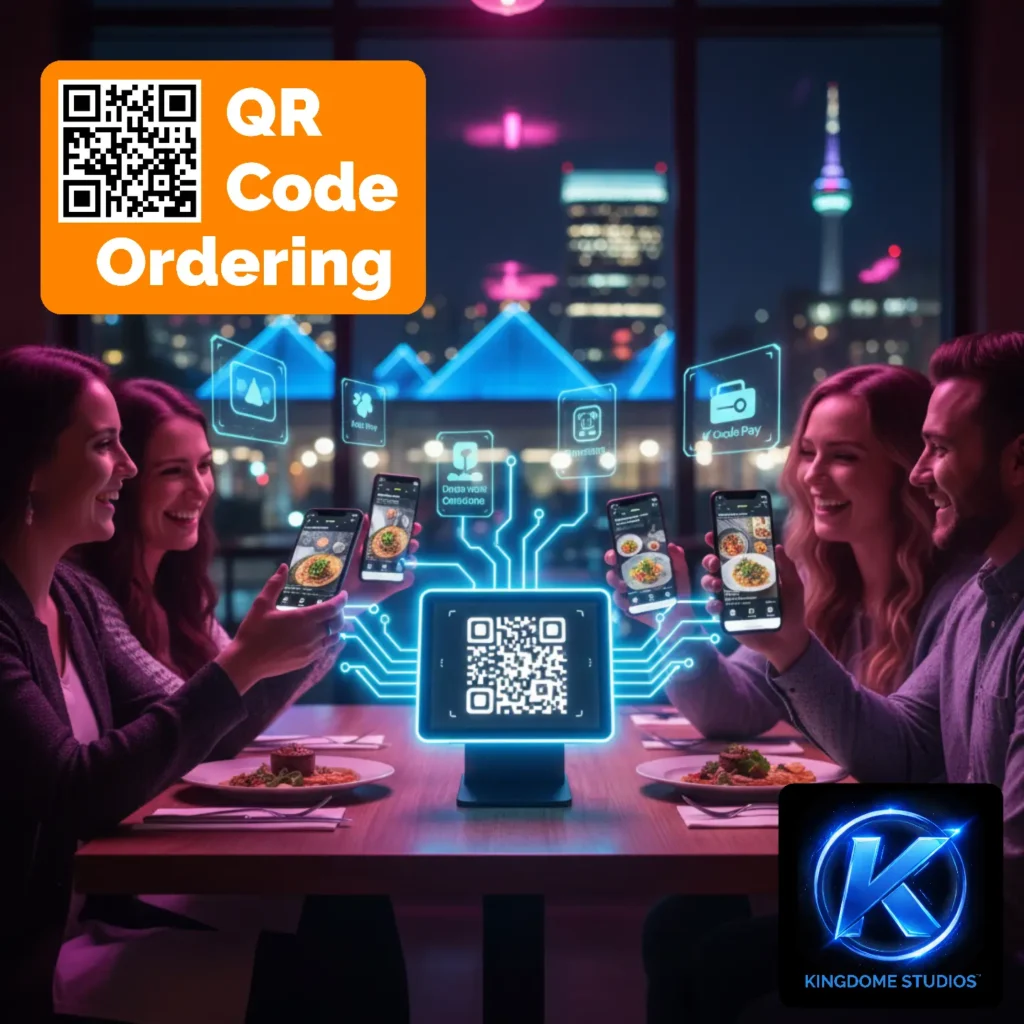 Diners at an Edmonton restaurant use smartphones to scan a glowing QR code for table ordering, a modern solution from the Best Restaurant Website Design Company in Edmonton Alberta