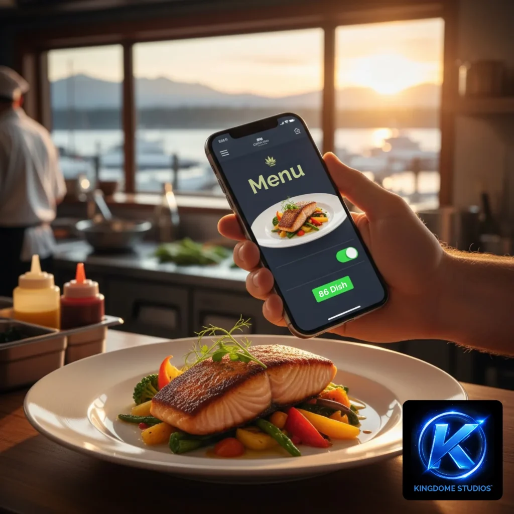 Dynamic food menu being updated on a smartphone in a Comox kitchen, managed by the Best Restaurant Website Design Company in Comox BC to highlight seasonal local ingredients and drive sales