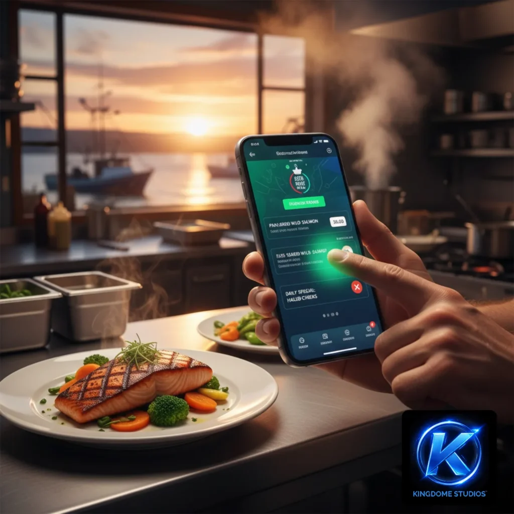 Fresh grilled salmon dish in a Campbell River kitchen being updated on a mobile menu managed by the Best Restaurant Website Design Company in Campbell River BC for local culinary success