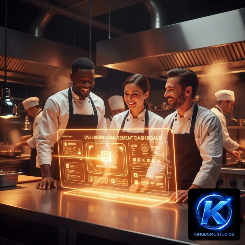 Happy chefs monitor a glowing live order management dashboard in a busy kitchen a synchronization tool from the Best Restaurant Website Design Company in Pickering Ontario