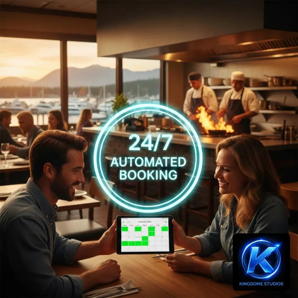 Happy couple at a Comox restaurant using a 24_7 automated booking tablet, designed by the Best Restaurant Website Design Company in Comox BC to ensure seamless reservations and full tables