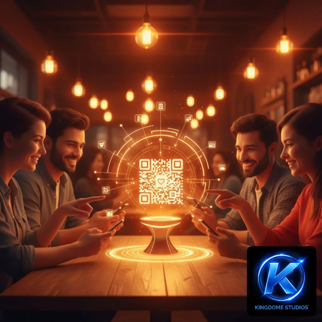 Happy diners using a modern at-the-table QR code ordering system, a high-tech hospitality solution from the Best Restaurant Website Design Company in Pickering Ontario