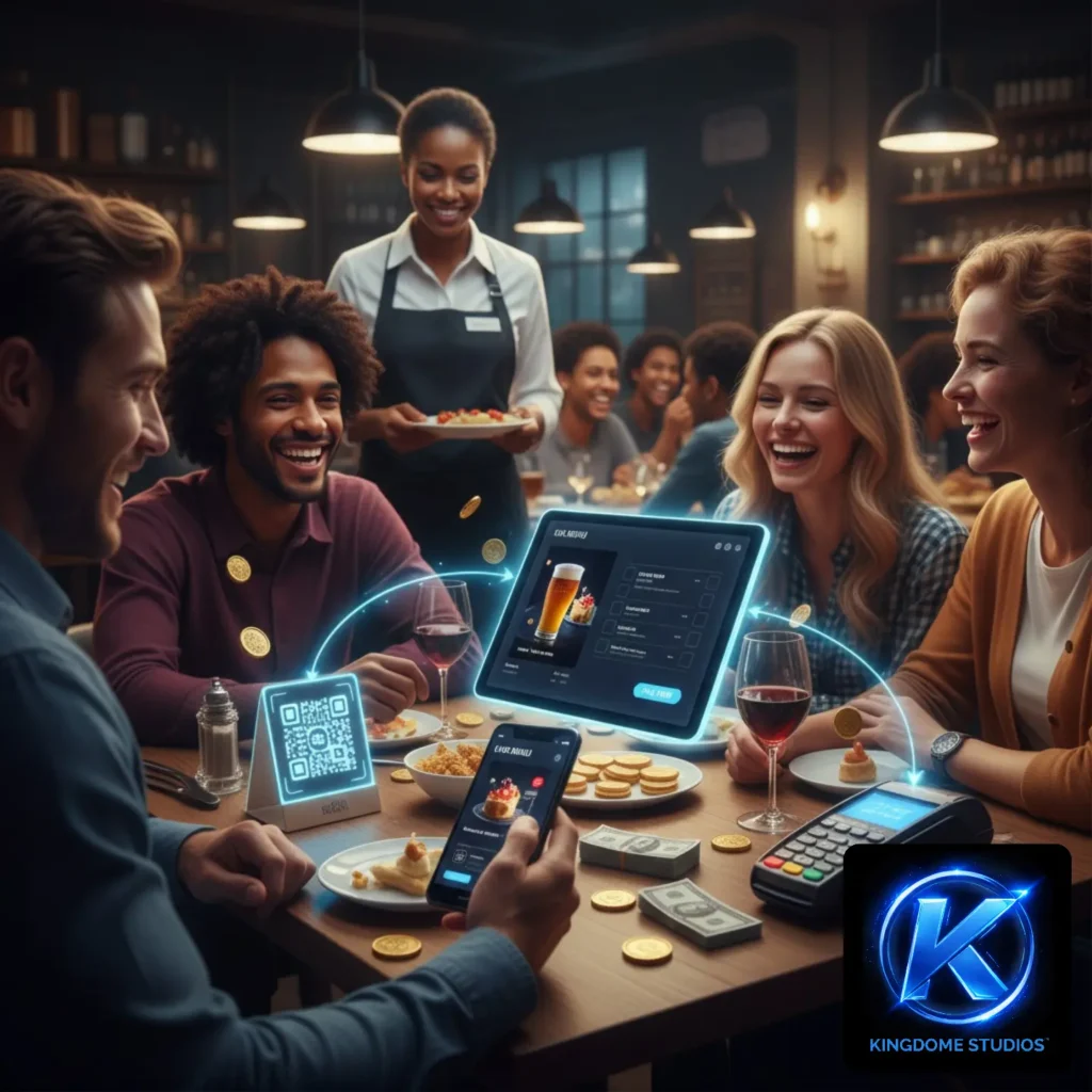Happy guests in a Coquitlam restaurant using QR code ordering on their smartphones a modern feature from the Best Restaurant Website Design Company in Coquitlam BC