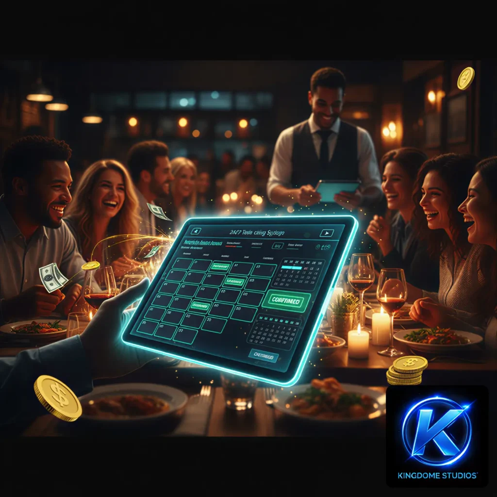 Happy guests in a Coquitlam restaurant using a digital tablet for table reservations, provided by the Best Restaurant Website Design Company in Coquitlam BC