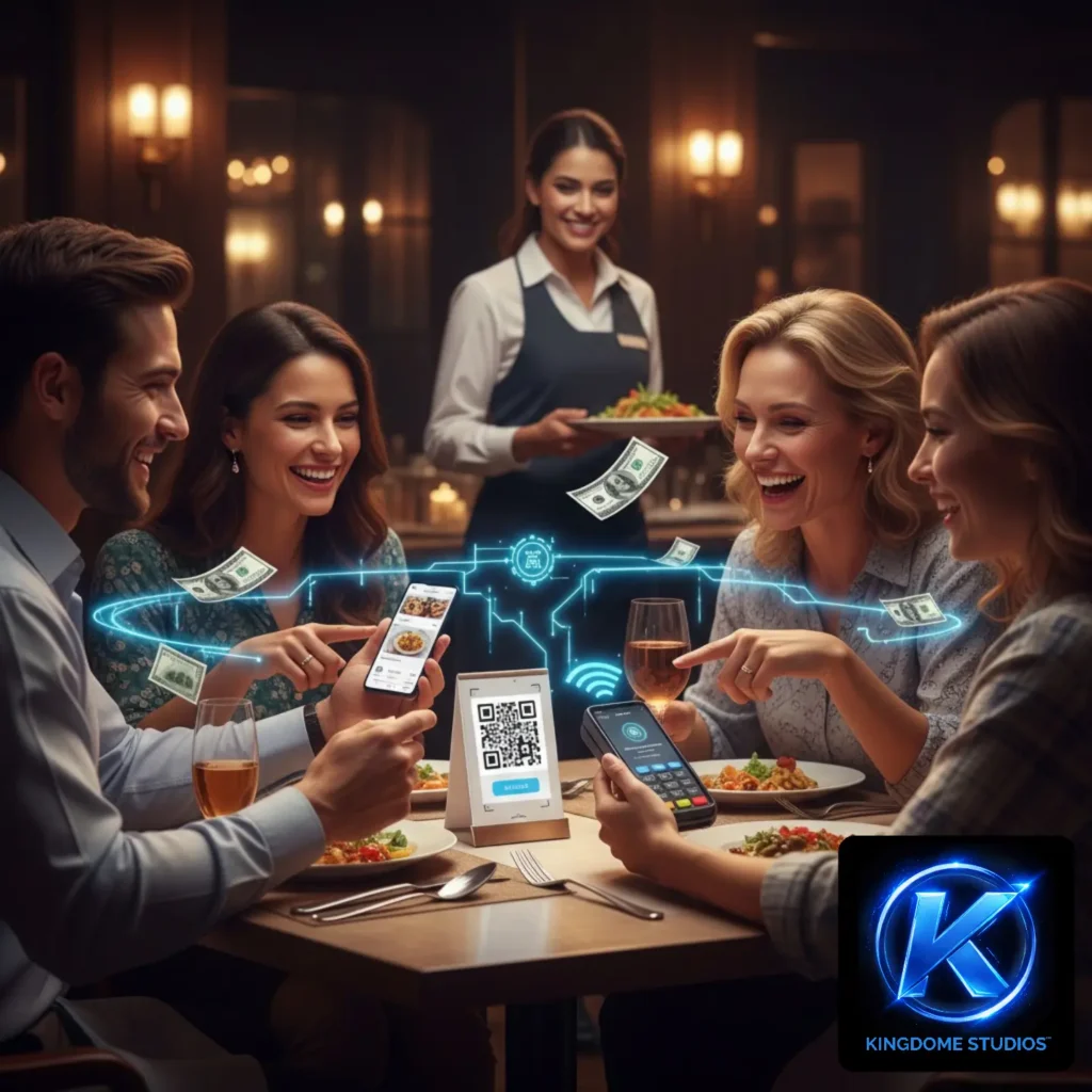 Happy guests in a Langley restaurant using at-the-table QR code ordering on their smartphones, a modern service feature from the Best Restaurant Website Design Company in Langley BC