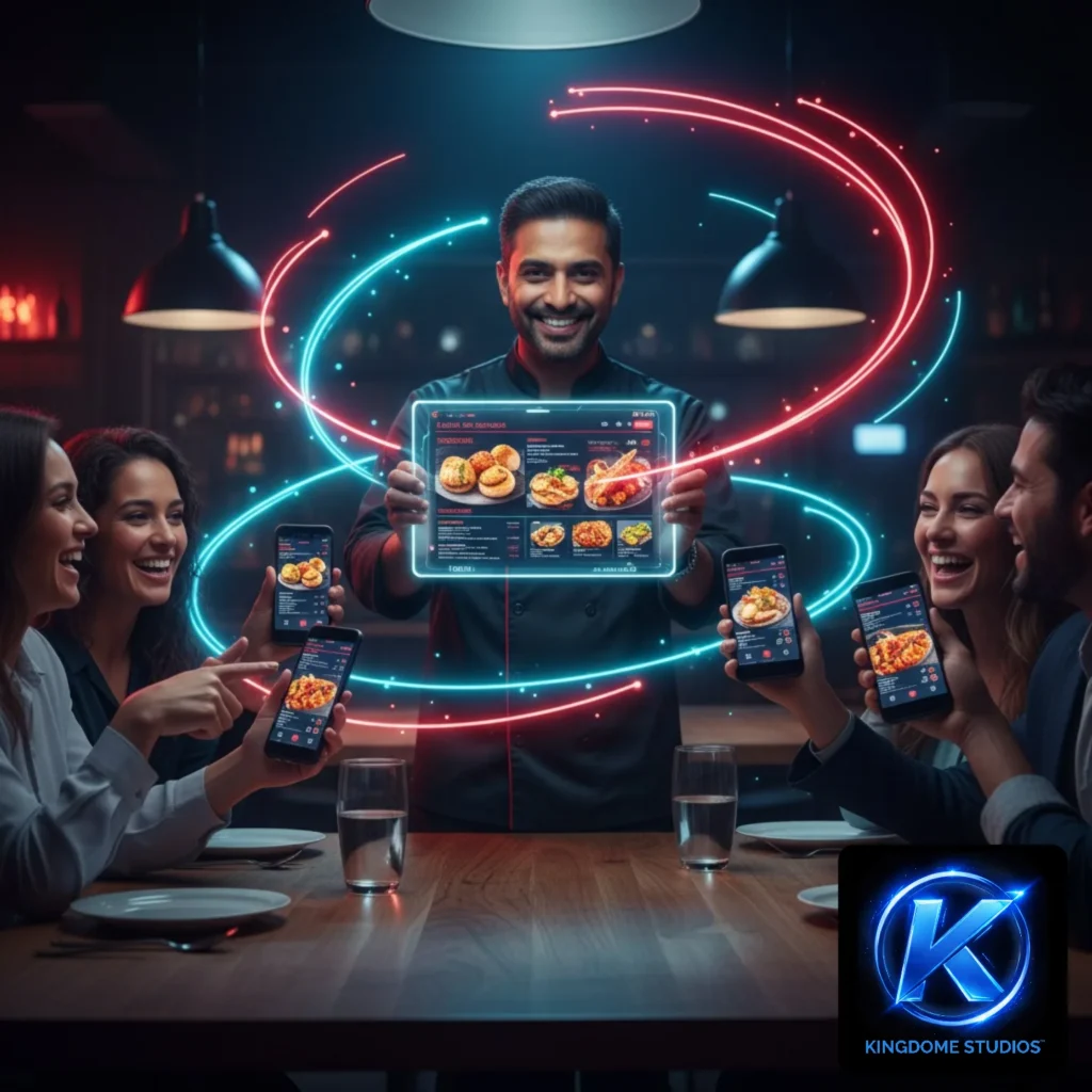 Happy guests in a St. John restaurant exploring a smart food menu on their phones, a flexible sales tool from the Best Restaurant Website Design Company in St. John New Brunswick