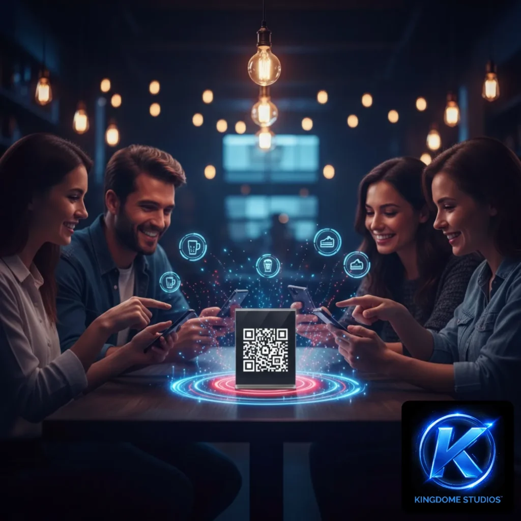 Happy guests in a St. John restaurant using at the table QR code ordering a modern solution provided by the Best Restaurant Website Design Company in St. John New Brunswick