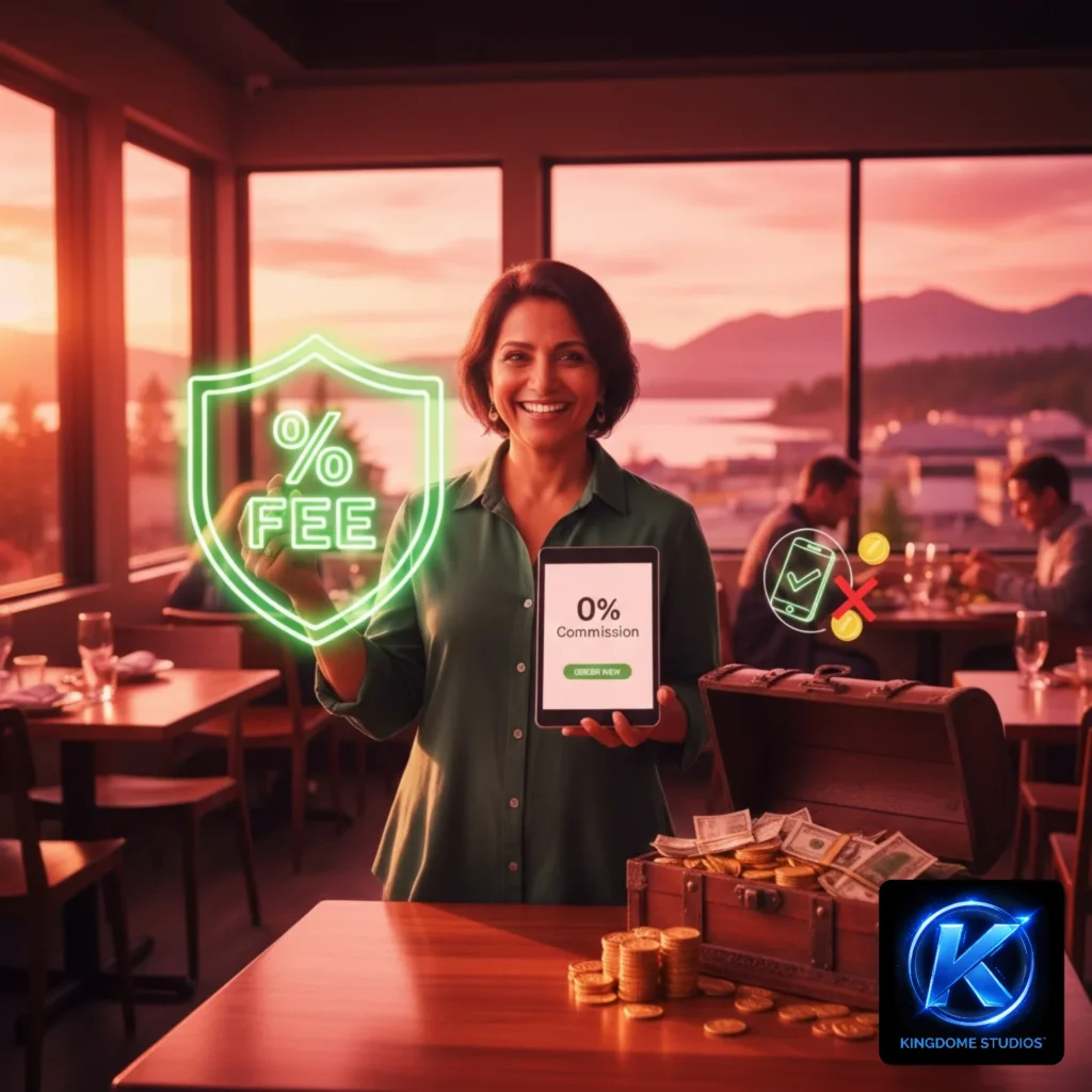 Happy restaurant owner in Campbell River BC holding a tablet with 0% commission, backed by the Best Restaurant Website Design Company in Campbell River BC for local online ordering success
