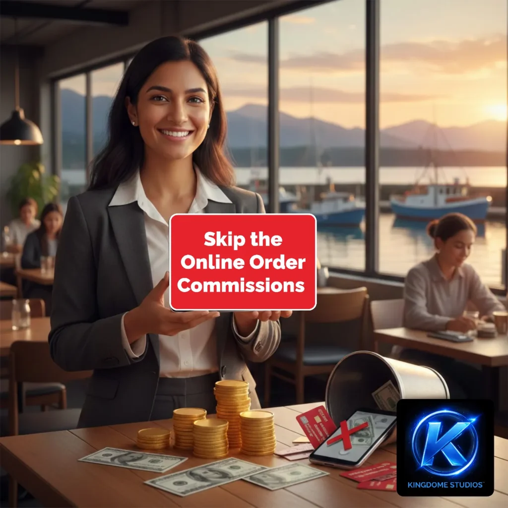Happy restaurant owner in Comox BC showing 0% commission on a tablet, provided by the Best Restaurant Website Design Company in Comox BC to help local eateries stop paying high third-party fees