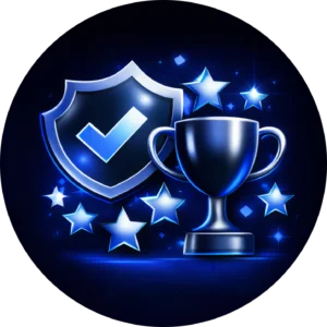 Kingdome Studios icon with a trophy stars and shield excellence of our high performance web design abbotsford